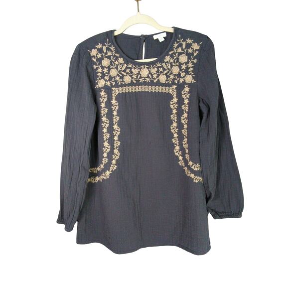 J Jill Embroidered Top Womens S Gray Double Cloth Cotton Gauze Tunic - Picture 1 of 6